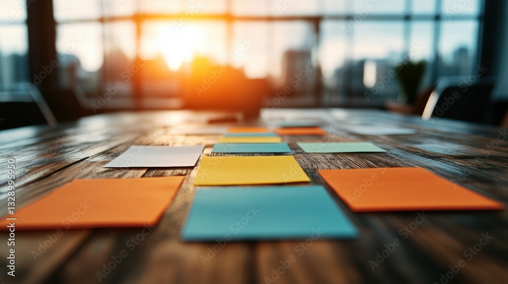 Fototapete Modern Financial Strategy Sunset-Lit Workspace with Colorful Strategic Planning Sticky Notes - Dynamic Workflow Optimization for Agile Business Intelligence
