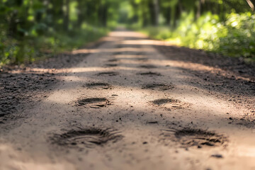 Fototapeta premium Rural Adventure Tale with Scattered Footprints and Abandoned Bicycle on Dirt Road