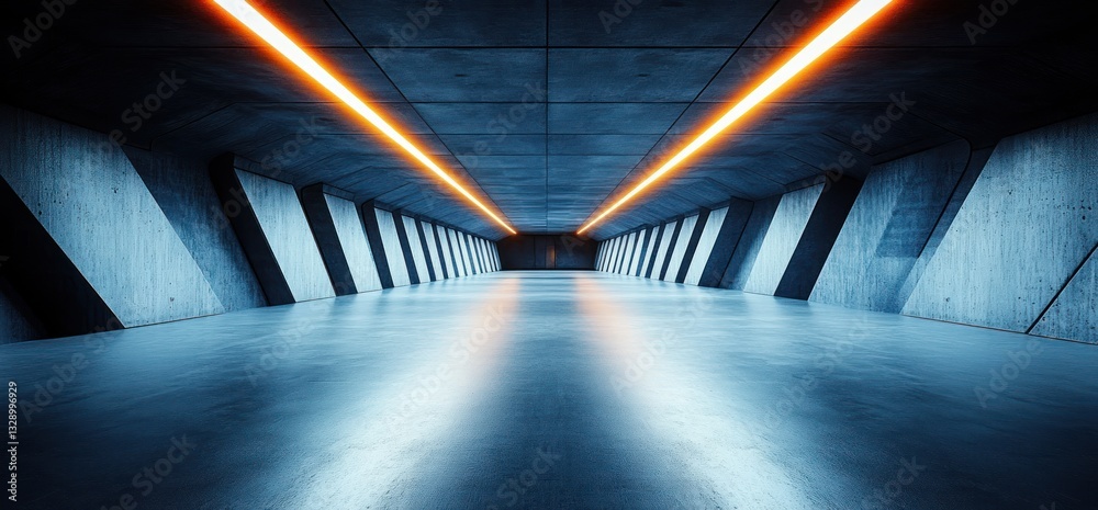Poster futuristic concrete hallway with geometric patterns in ultra wide angle perspective