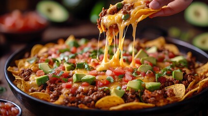 A top-down view of a massive nacho platter, a hand lifting a cheesy nacho with a long, stretchy cheese pull, vibrant salsa and avocado in the background, cinematic warm lighting,