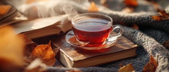 Cozy Autumn Mindfulness Rustic Wooden Tea Setting with Vintage Books and Warm Knit Throw - Hygge-Inspired Wellness Content for Digital Creators