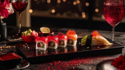 Premium Sushi Roll with Colorful Toppings and Elegant Presentation