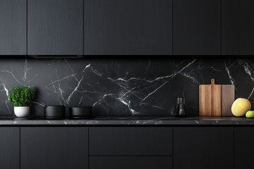 Modern black kitchen with marble backsplash.