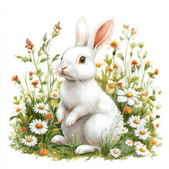 Obraz premium cute white rabbit sitting among colorful wildflowers, exuding sense of tranquility and joy. scene captures beauty of nature and charm of springtime