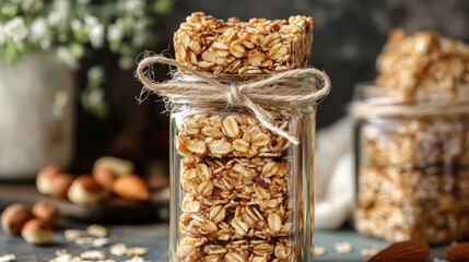 A glass jar of homemade granola bars filled with oats, nuts, and honey, tied with a simple twine bow