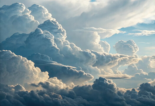 A breathtaking panorama showcases fluffy cumulus clouds filling the vast sky with serene beauty.