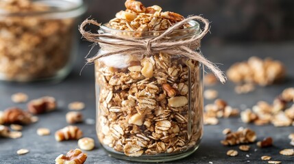 A glass jar of homemade granola bars filled with oats, nuts, and honey, tied with a simple twine bow