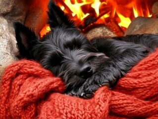 Cozy dog sleeps by fireplace fire