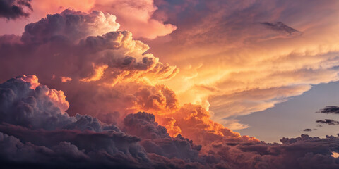 Vibrant, colorful cumulonimbus clouds glow in the sky as the sun sets on the horizon.