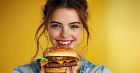 Cheerful young woman with tasty cheeseburger enjoying food portrait yellow background
