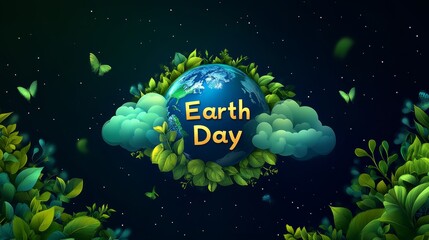 Vibrant Earth Day Celebration with Green Leaves, Clouds, and Butterflies Featuring a Beautiful Planet Illustration