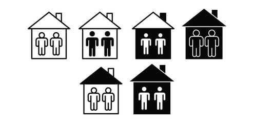 Community Builder House and People Silhouettes Icons Black and White Color Vector Design Illustration Set