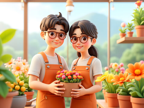 3D cartoon style couple, Valentine's Day love happiness concept illustration
