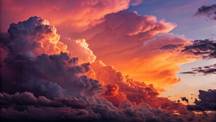 Beautiful pink and orange cumulus clouds fill the sky during a vibrant sunset, creating a dreamy...