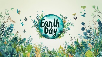 Beautiful Earth Day Background with Green Leaves, Butterflies, and Colorful Floral Elements in Watercolor Style