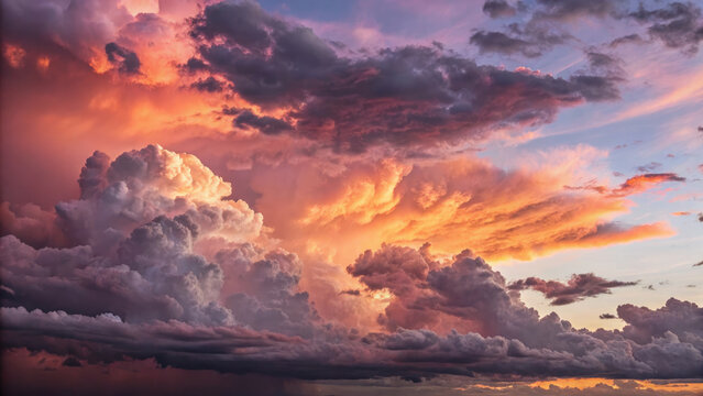 A dramatic skyscape featuring mammatus clouds bathed in the warm, vibrant hues of the sunset.
