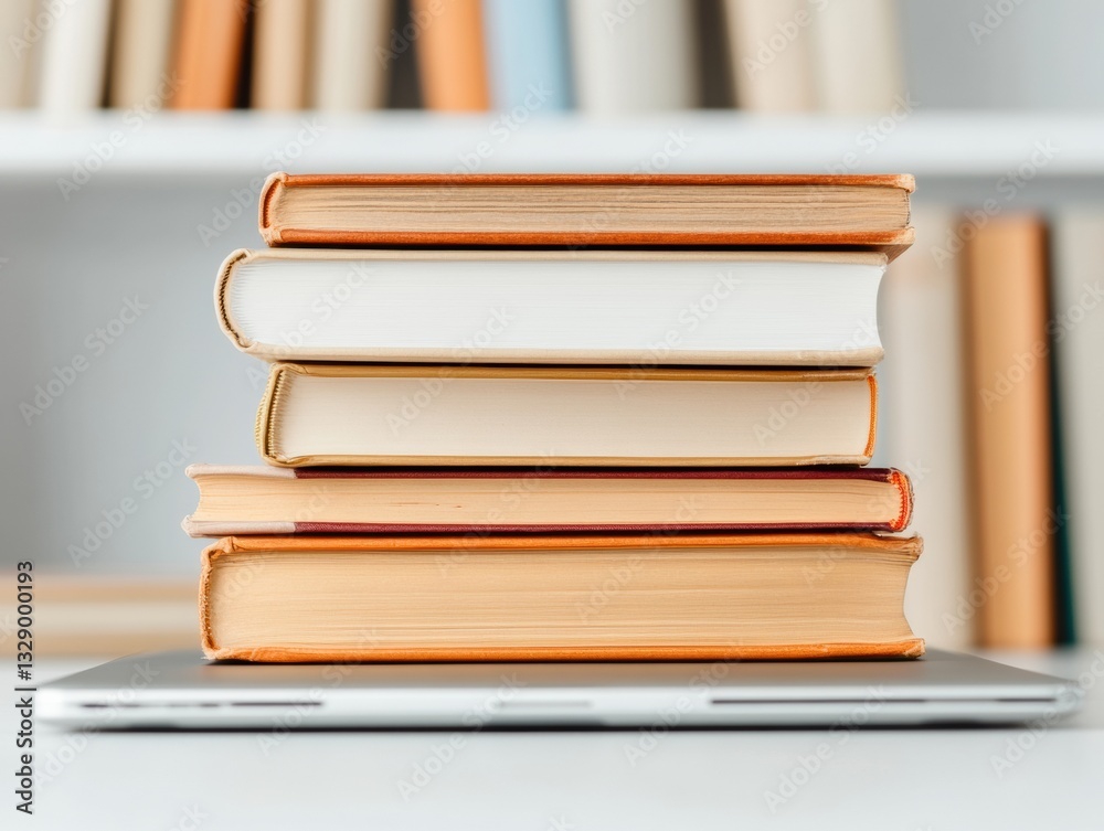 Poster minimalist knowledge hub modern learning landscape with soft-toned books and sleek laptop - digital 