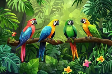 Four colorful parrots perched on a branch amidst lush green foliage, creating a vibrant scene in a tropical rainforest.