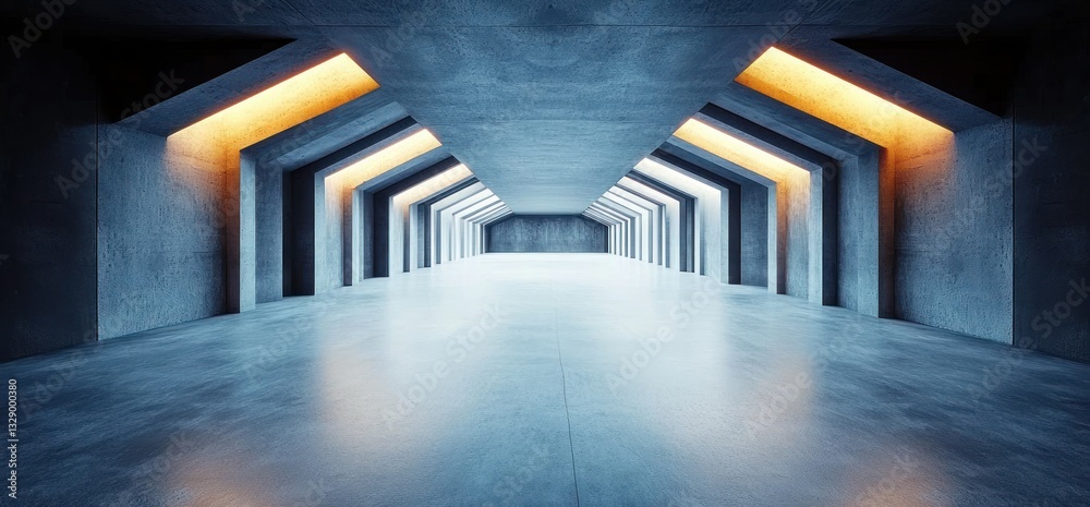 Poster futuristic empty hallway geometric patterns minimalist architecture cinematic lighting concrete text