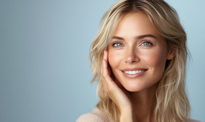 Naklejka premium Smiling Mature Woman Portrait with Healthy Skin and Natural Beauty in Pastel Background
