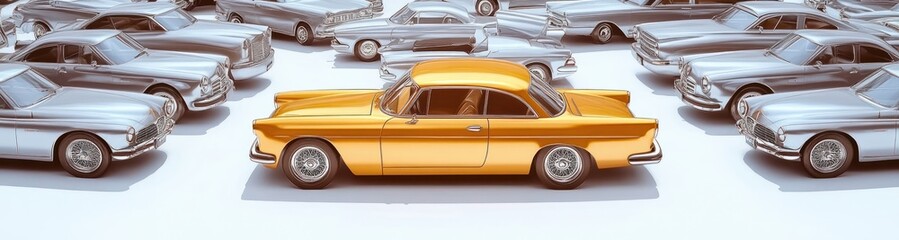 Unique Golden Vintage Car Surrounded by Silver Vintage Cars in Minimalist Composition