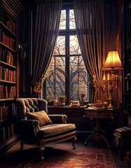 A moody reading corner with heavy curtains, antique sconces, and deep jewel tones.