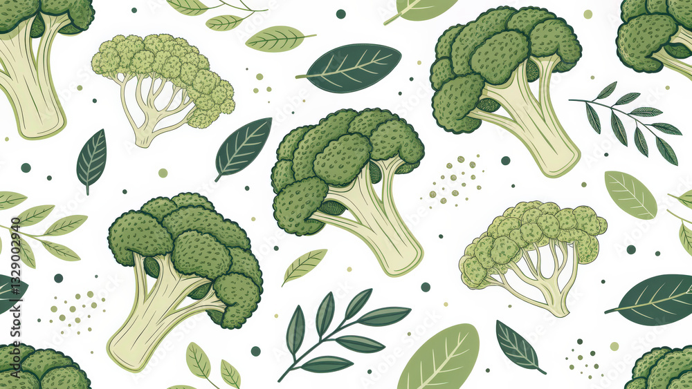 Aufkleber seamless pattern featuring hand drawn broccoli and leaves in various shades of green on white backgr