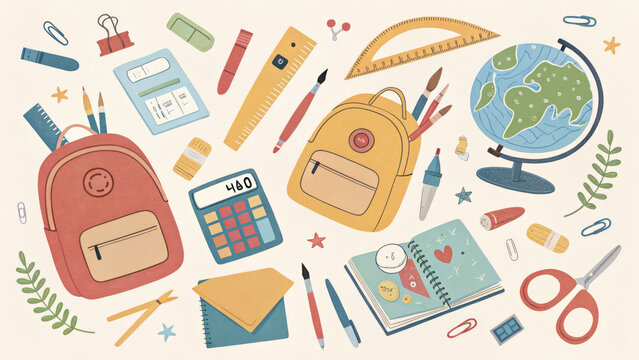 colorful illustration of school supplies including backpacks, globe, calculator, and stationery items like pens, pencils, and scissors, arranged in flat lay style