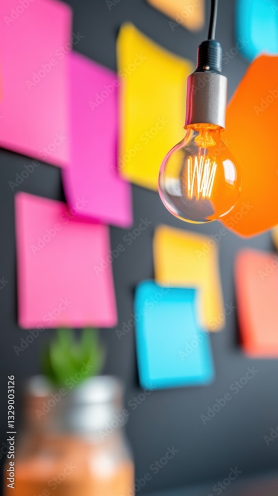 Aufkleber Vibrant Creative Brainstorming Dynamic Workspace Innovation with Retro Edison Bulb and Colorful Sticky Notes - Hybrid Collaboration and Design Thinking Insights