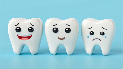 Three cartoon teeth with different facial expressions, including happy, neutral, and sad, are set against blue background