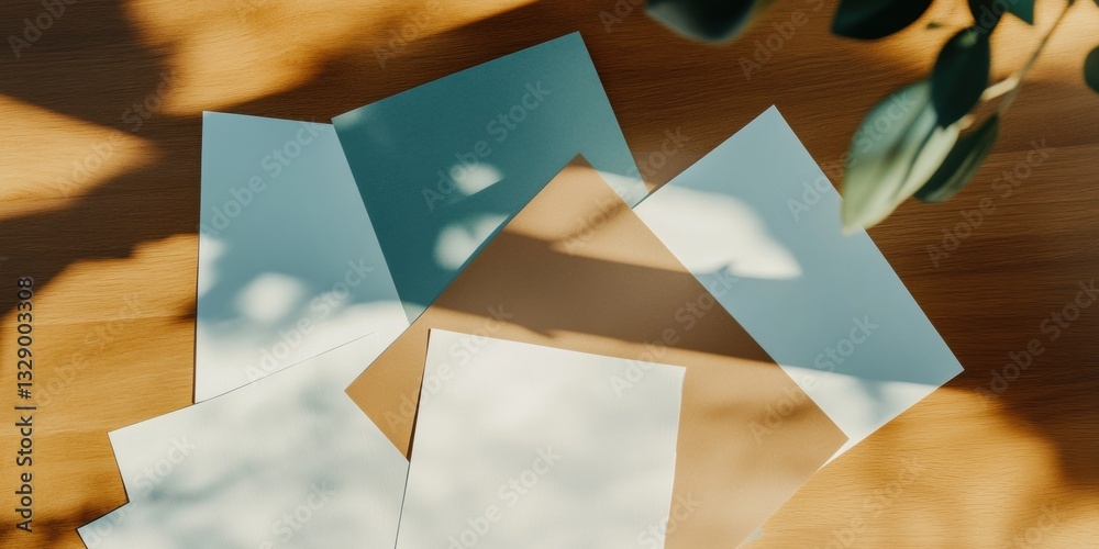 Poster Minimalist Business Strategy Soft-Toned Paper Documents in Dynamic Geometric Layout with Natural Lighting - Creative Workspace Productivity Visualization