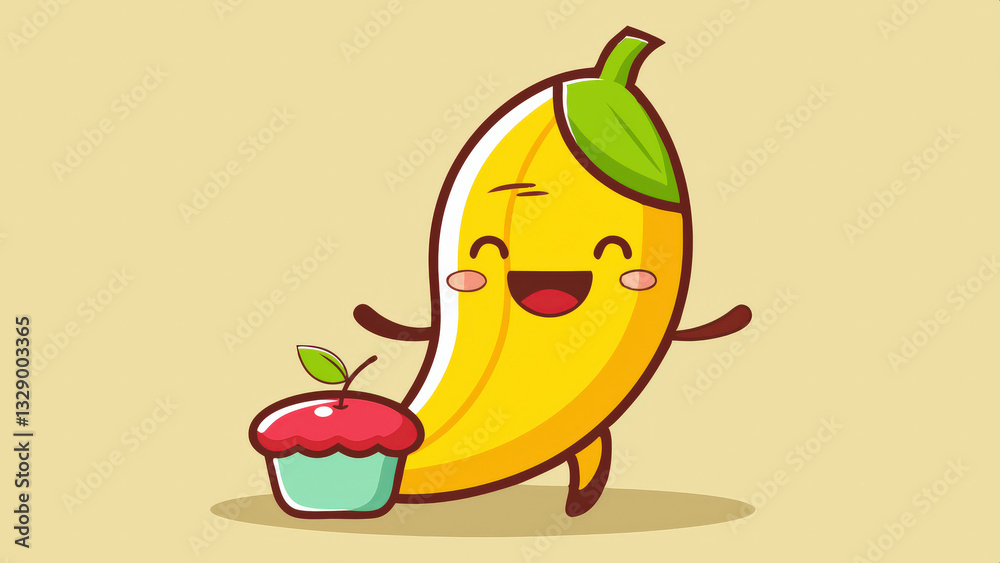 Poster cheerful cartoon banana character with leaf on its head joyfully stands next to cupcake with cherry 