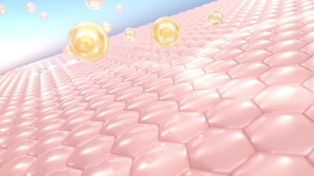 3D-rendered skincare concept showing hydrating vitamin serum droplets absorbing into a smooth, glowing skin surface. Perfect for beauty, skincare, and cosmetic-related visuals.