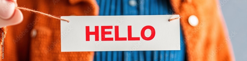 Poster Minimalist Personal Branding Vibrant Red HELLO Name Tag on Warm Textured Backdrop - Modern Professional Networking and Identity Storytelling