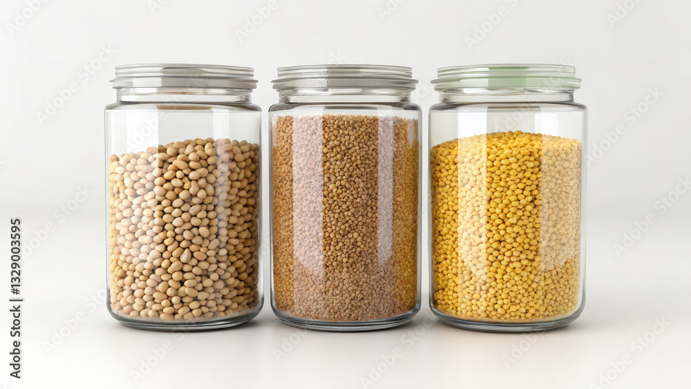 Poster Three glass jars filled with different types of ancient grains are displayed against plain background, showcasing minimalist and organized presentation