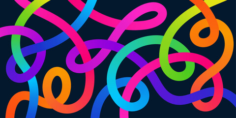 Tangled Neon Ribbons, Vivid 3D Swirls and Gradient Lines on Dark Background.