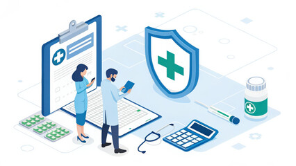 Fototapeta premium isometric digital illustration depicting healthcare professionals reviewing medical data on digital devices, surrounded by medical symbols and equipment, emphasizing modern healthcare technology