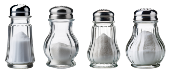 Four glass salt shakers in various states, showing different amounts of salt inside.