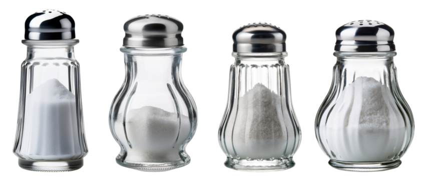 Four glass salt shakers in various states, showing different amounts of salt inside.