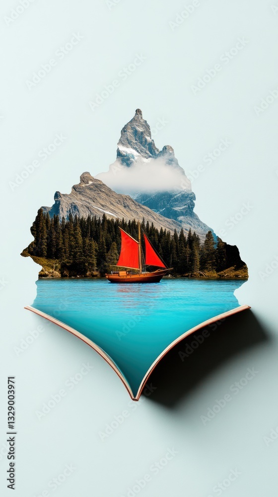Poster surreal adventure storytelling layered mountain landscape with vibrant red sailboat - immersive digi