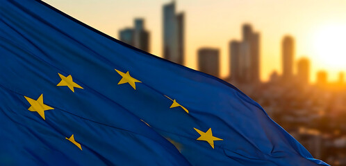 Closeup of waving Europe flag, modern European city on out of focus background.Use it for national day and country occasions concept. AI generated. Copy space