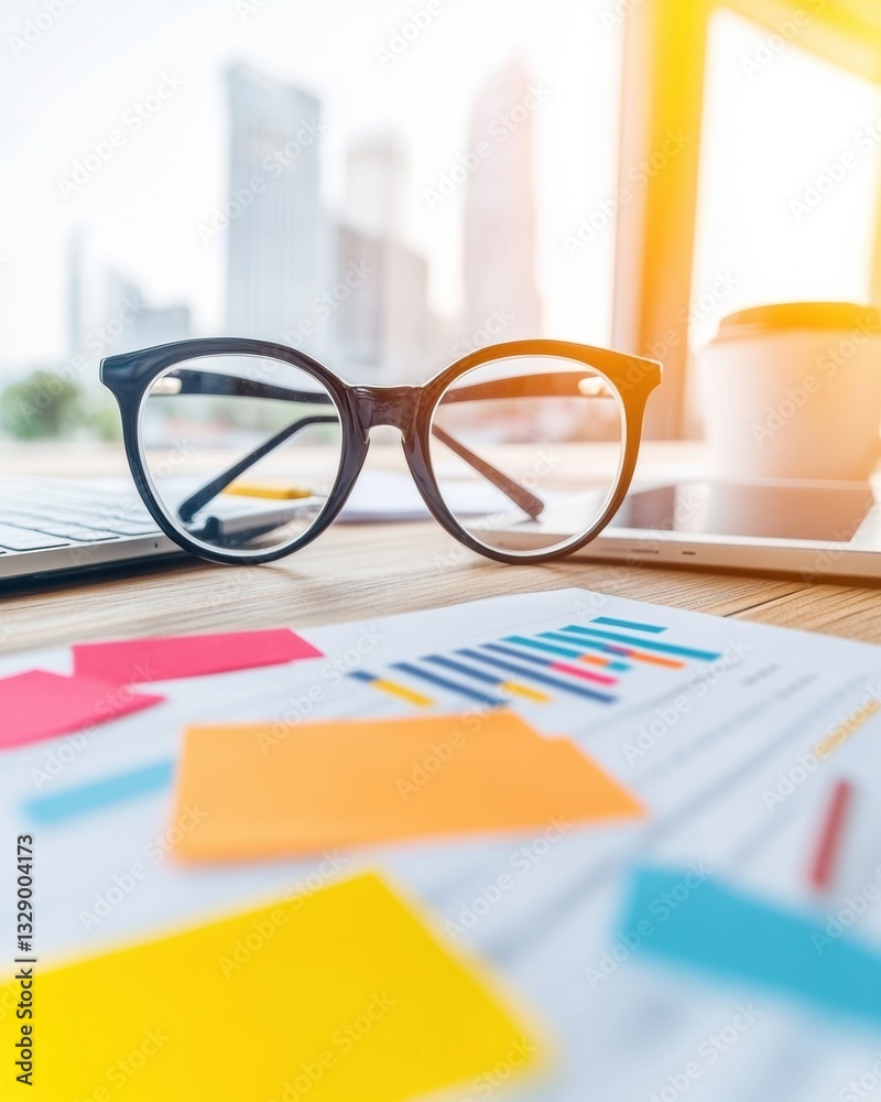 Fototapete Minimalist Workspace Innovation Data-Driven Productivity with Vibrant Color Analysis, Modern Design Eyewear, and Strategic Planning Insights