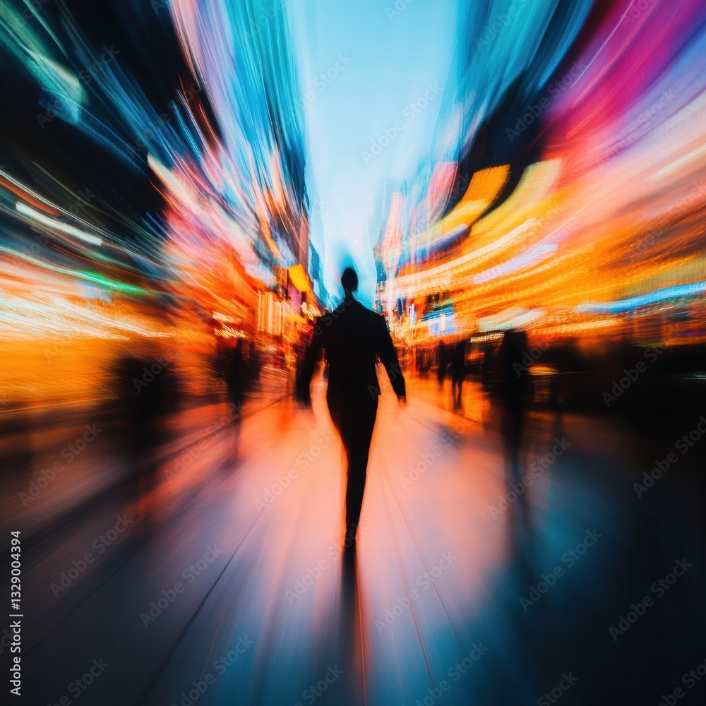 Poster dynamic urban motion blurred professional silhouette navigating high-energy corporate landscape - em