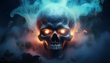 A skull surrounded by dark, misty smoke, with an ethereal glow emerging from its hollow eyes, creating a mysterious and eerie atmosphere.
