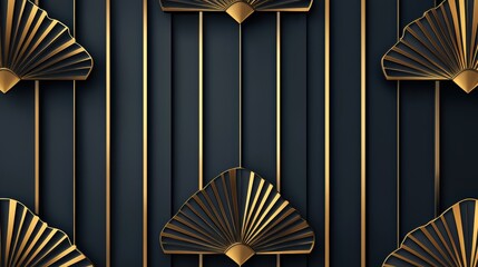 Seamless golden Art Deco fan motifs on matte charcoal, 1920s Gatsby luxury pattern, sophisticated vintage refinement