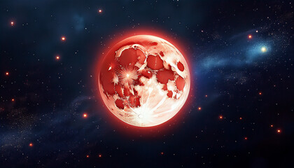 Fototapeta premium Glowing red blood moon shines in dark night sky surrounded by faint stars.