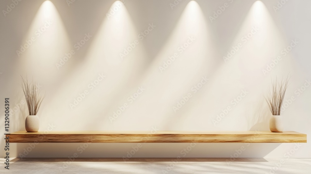 Poster minimalist zen shelf design serene architectural mockup with natural wood floating platform and soft