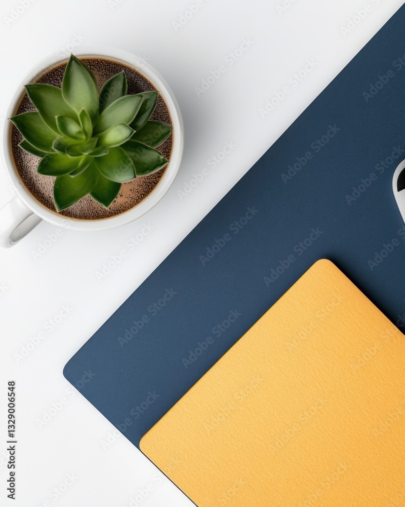 Poster Modern Minimalist Workspace Geometric Color-Block Desk with Succulent Plant - Productivity Design and Creative Professional Aesthetic for Remote Work Era