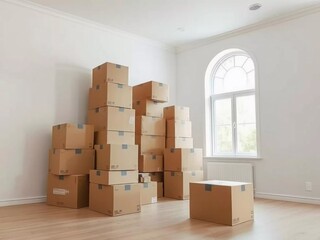 Cardboard boxes stacked in an empty room after a move