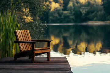 Obraz premium Reclining Lounge Chair Invites Comfort on Lakeside Deck with Serene Views